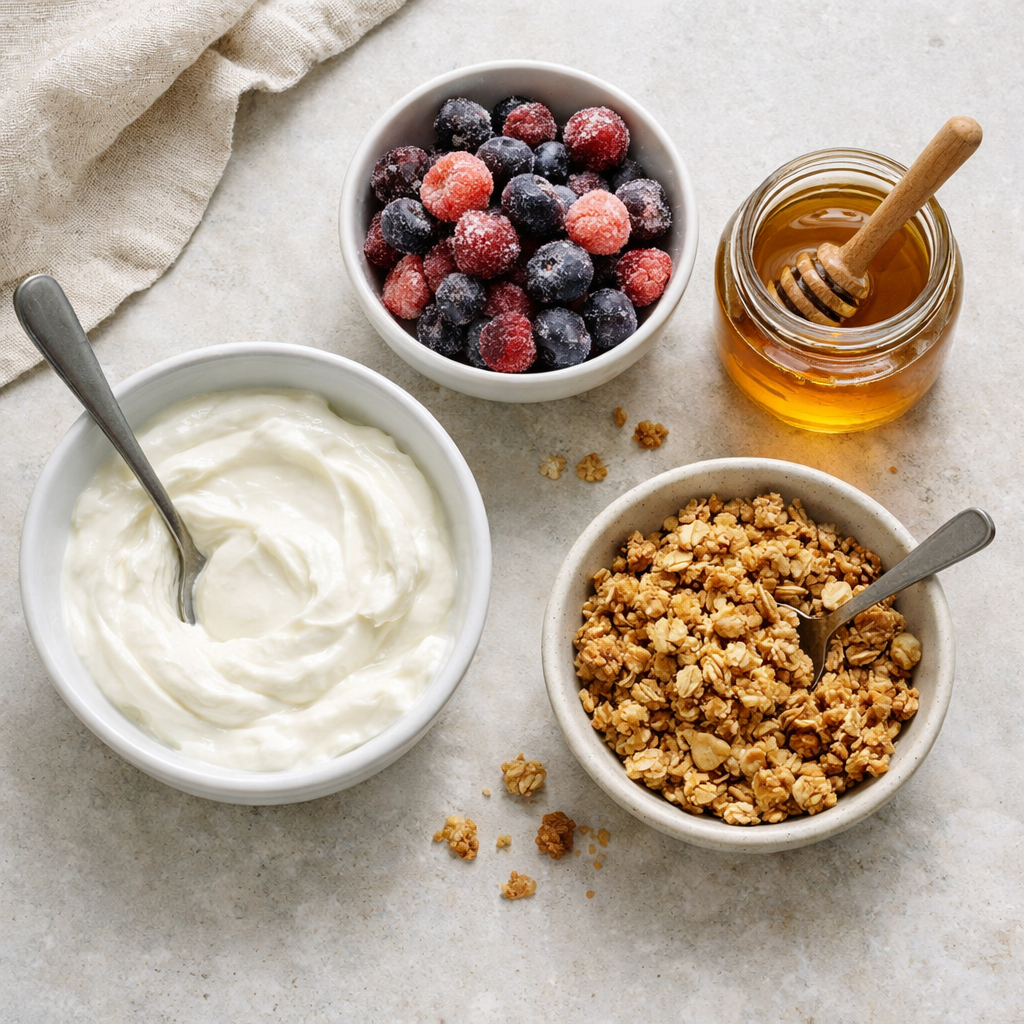 Yogurt parfait ingredients on a light kitchen counter